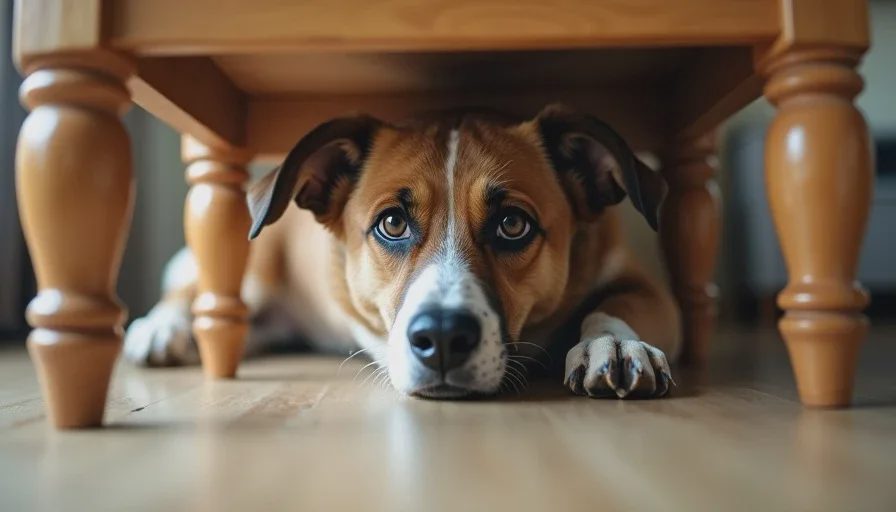 Rescue dog hiding under table first day home.