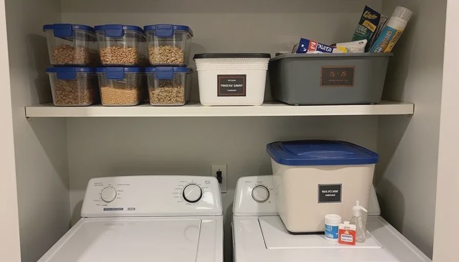Organized pet station with labeled containers.