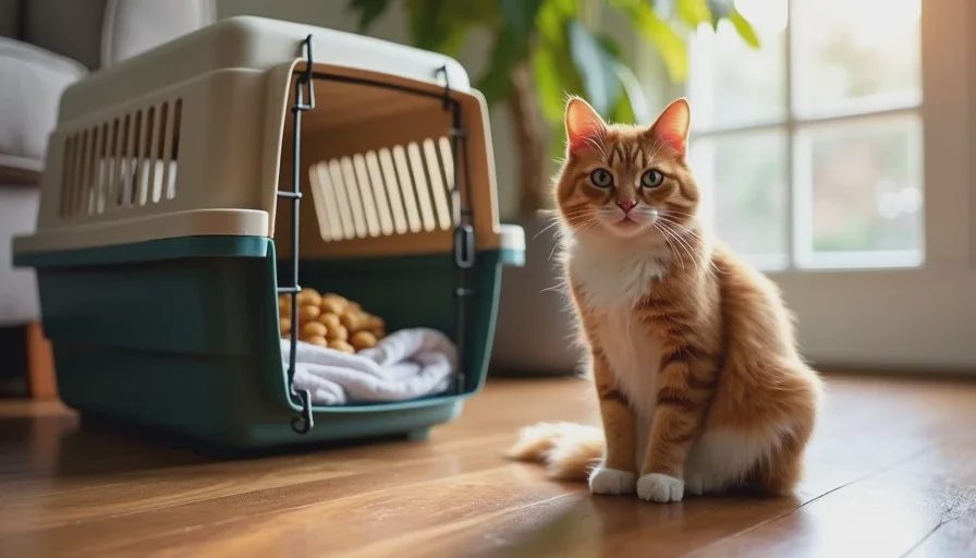 Prepping pet carrier with blanket and treats.