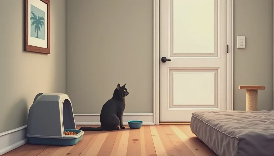Quiet room with closed door, litter box, food bowls, bed, and scratching post – cat safe room setup.