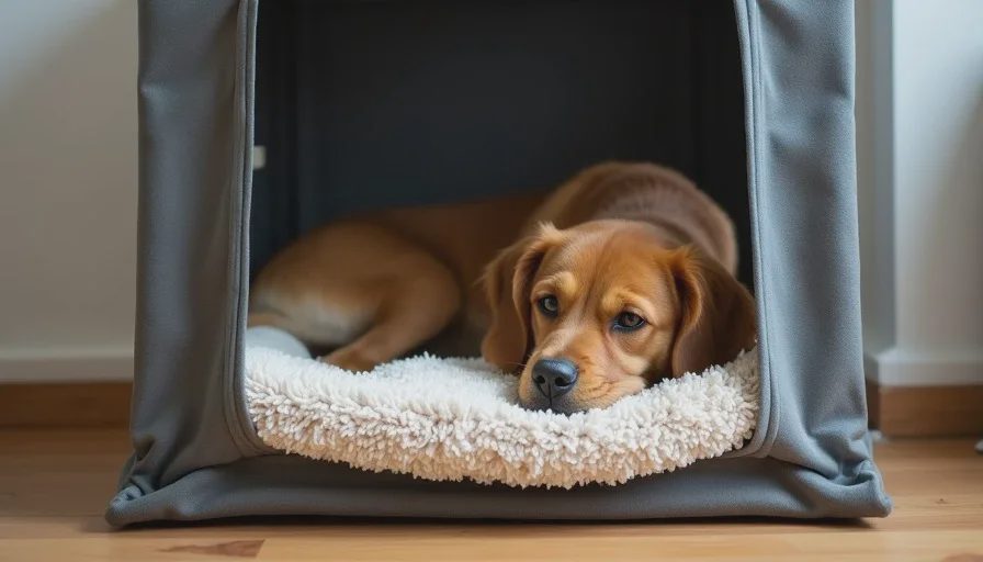Dog's safe zone crate in quiet corner.
