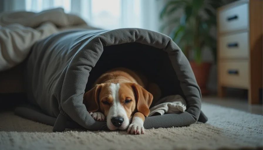 Dog sleeping in covered crate with white noise at midday.
