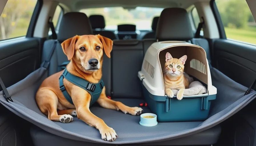 Dog in crash-tested harness and cat in hard carrier in car.