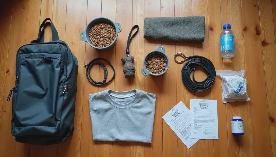 Dog travel kit with pre-measured food, leash, bed, records.
