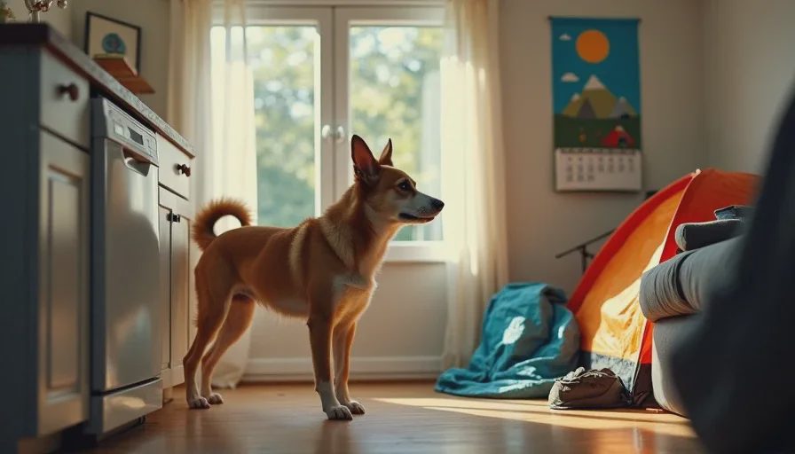 New rescue dog startled by dishwasher before camping trip.