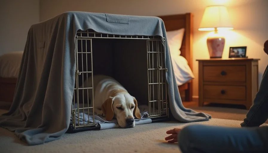 Covered crate, worn t-shirt, white noise, dog finally sleeping.