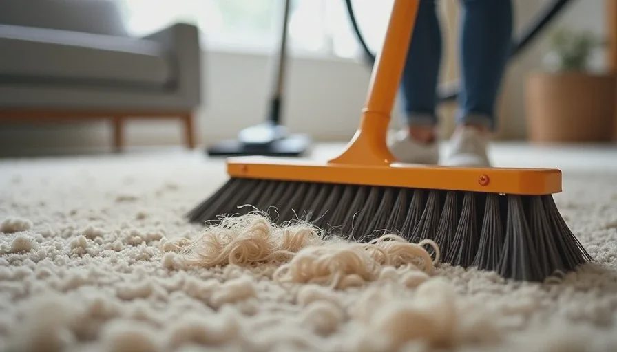 Rubber broom pulling embedded pet hair from rug.