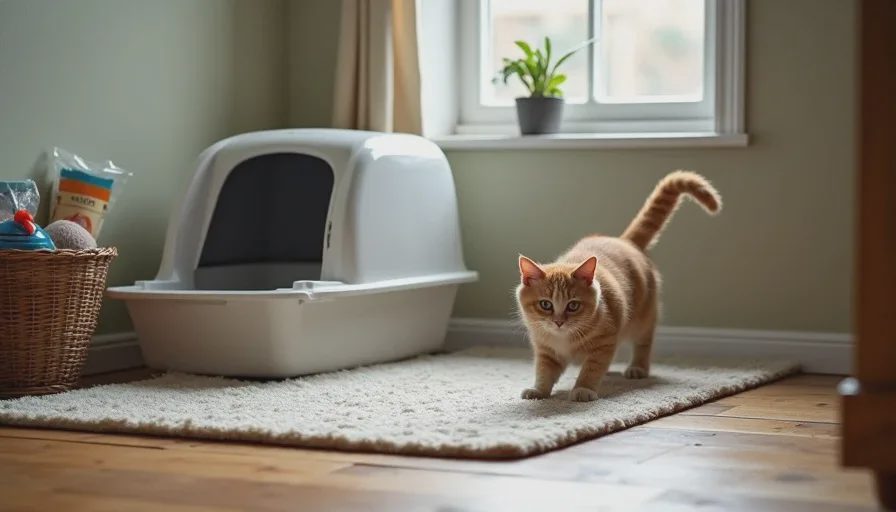 Cat corner with grooved litter mat, low box, caddy, toy basket.