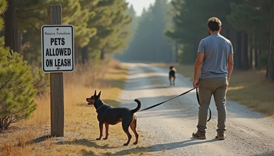 Nervous dog on leash at pet-friendly campground gravel path.