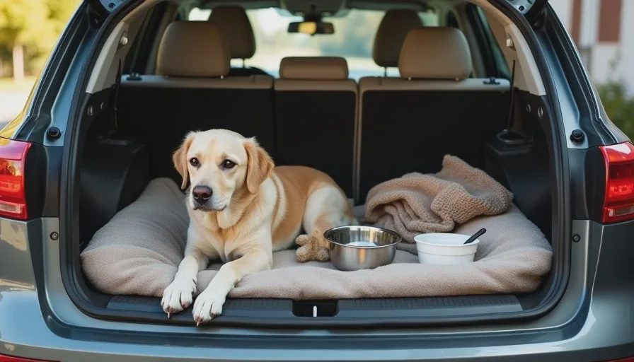 Car trunk packed with familiar dog and cat home items.
