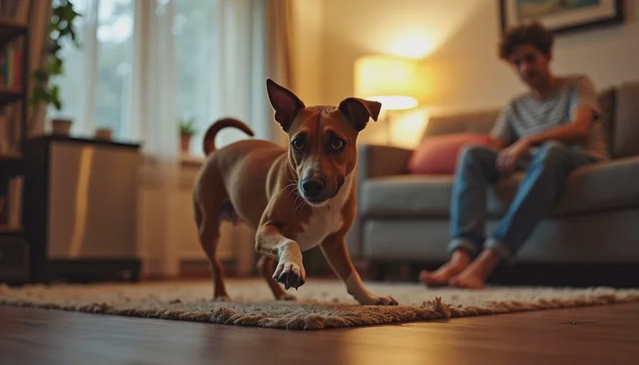 Adopted dog zooming and chewing rug at 10 PM at home.