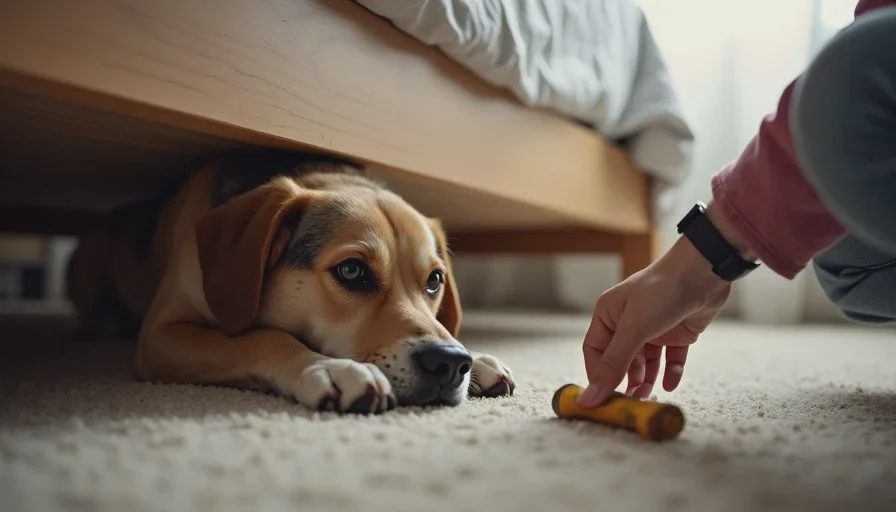 Dog guarding chew under bed from owner’s reaching hand.