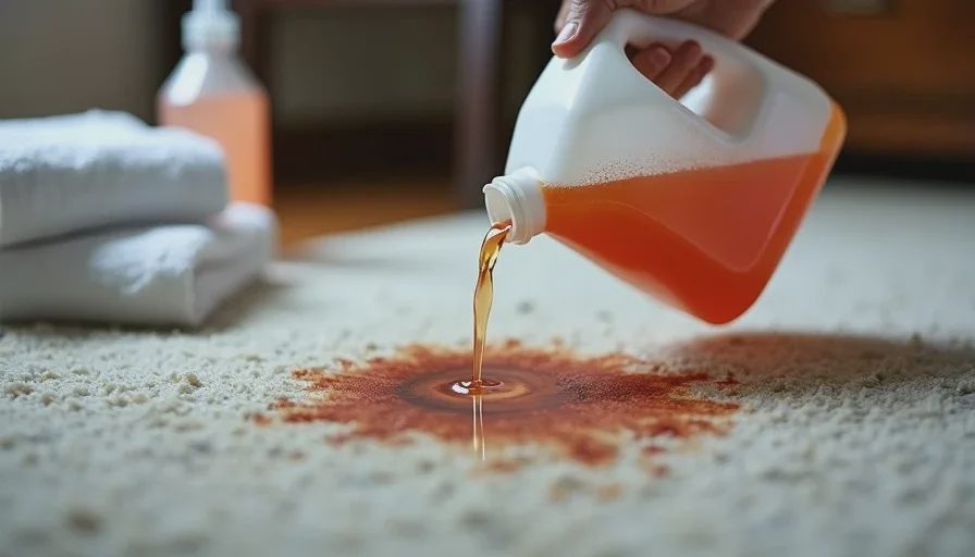Pouring enzyme cleaner onto carpet urine stain.