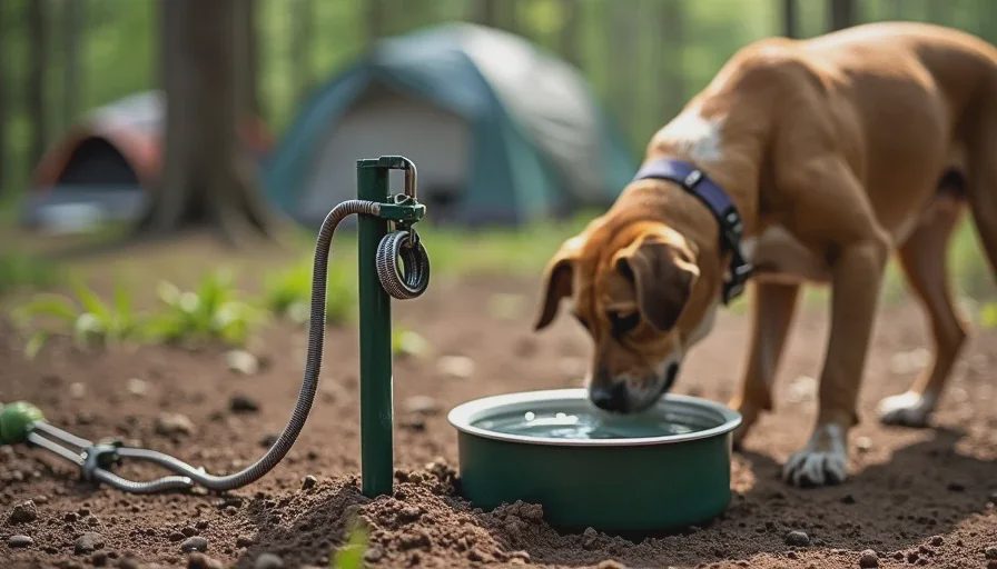 Heavy-duty stake, coated cable, and weighted water bowl at campsite.