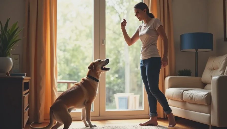 Dog barking at mail slot while owner yells quiet.