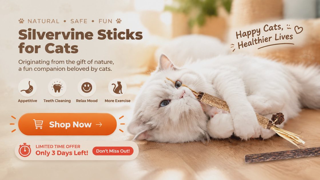 A promotional image for silvervine sticks for cats. A white cat is lying on the floor hugging a natural chew stick. Text reads "Natural, Safe, Fun" with icons for appetite, teeth cleaning, relax mood, and more exercise, alongside a limited time offer button.