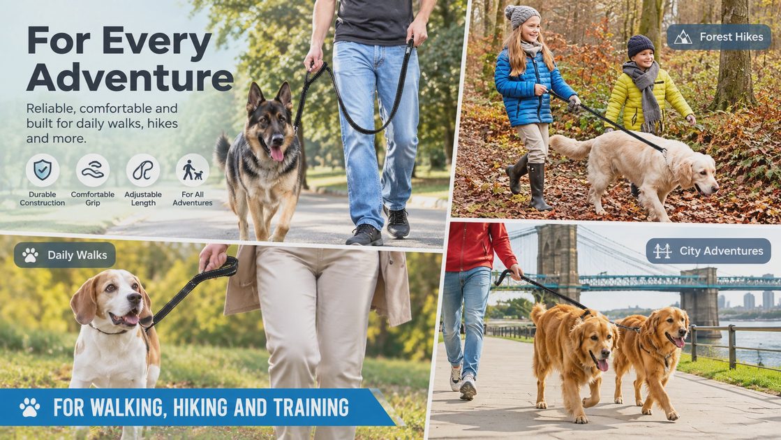 A promotional collage showcasing the black dog leash used across different scenarios. The main text reads "For Every Adventure," explaining it is reliable and built for daily walks, hikes, and more.