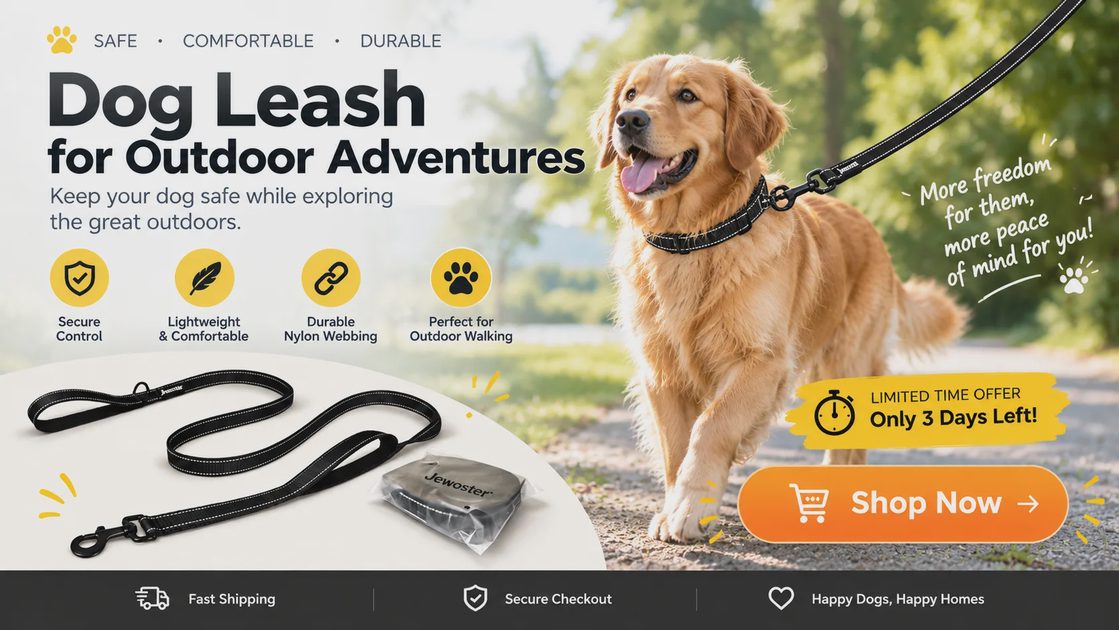 A promotional graphic for a "Jewoster" dog leash featuring a golden retriever wearing a black leash outdoors. The headline reads "Dog Leash for Outdoor Adventures."