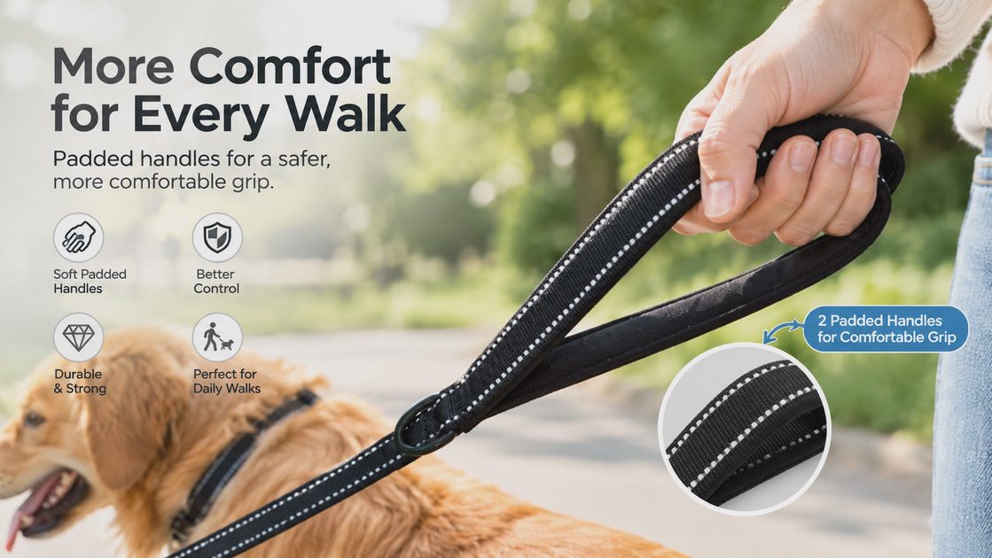 A close-up of a person's hand holding a black, padded dog leash handle with white reflective stitching. A golden retriever is partially visible in the background.
