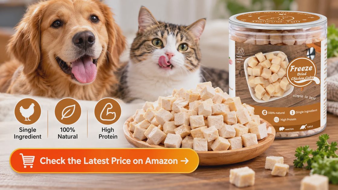 Golden retriever and tabby cat beside a bowl of freeze-dried chicken cubes and product tub with Amazon button.