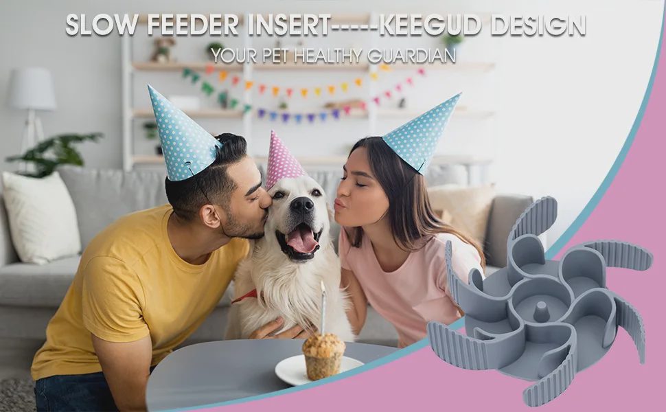 A man and a woman wearing party hats kissing a large white dog, with a product image of a gray slow feeder insert on the right.